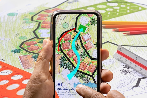 Ai-analyse landschapsarchitectuurontwerpplan op mobiele telefoon