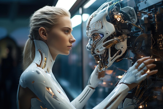 Андроид Футуристики лицом к лицу с гуманоидным роботом и искусственным интеллектом Робота Аи