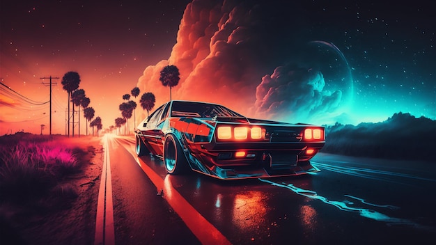 AI art car synthwave road clouds wallpaper