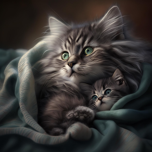 AI art cat and baby cat photos Фотогенеративная иллюстрация очаровательного пушистого серого кота