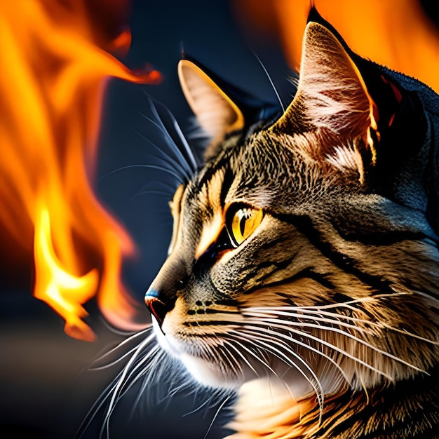 Foto ai arte gatto e fuoco sullo sfondo e ghiaccio sullo sfondo