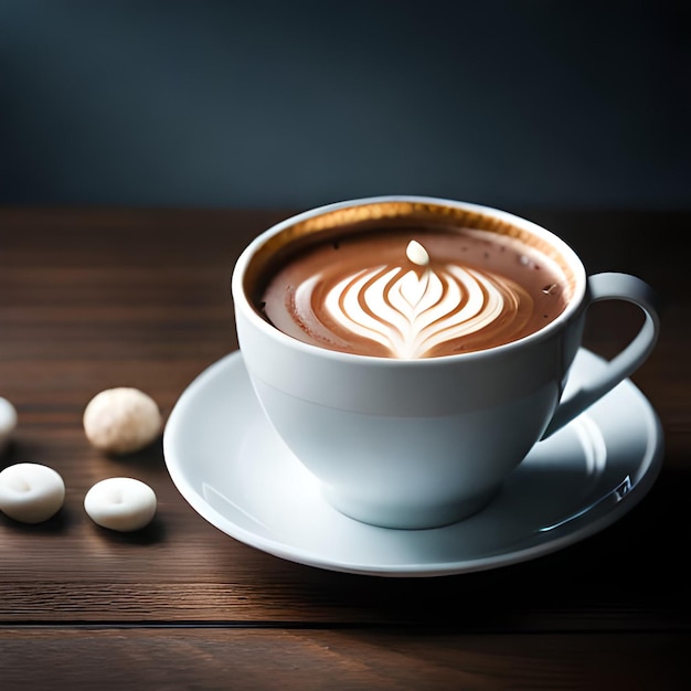 Чашка кофе в стиле ай-арт с изображением латте на ободке и несколькими маленькими круглыми белыми шариками шоколада