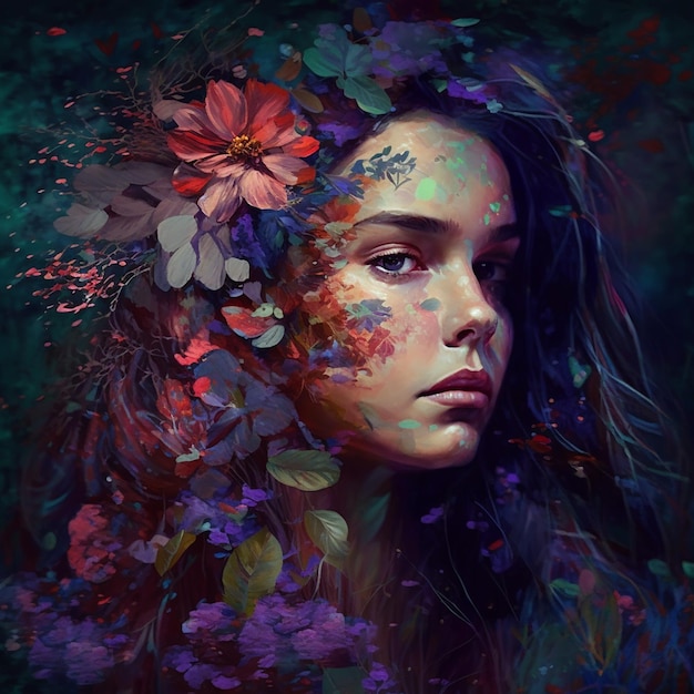 Ai art photos Woman with flowers in her hair and face in profilecharacter design gen