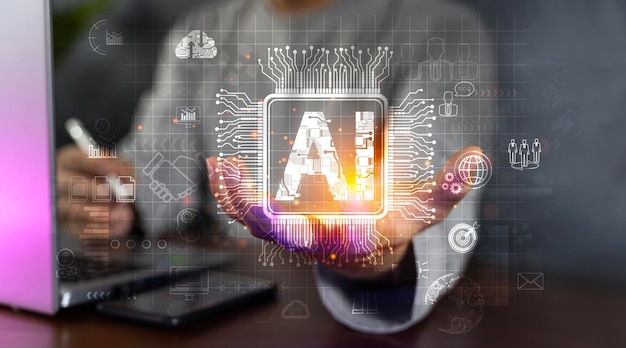 AI Artificial Intelligence Concepts Deep Learning Businessman and artificial intelligence plans the development of leadership of global Internet of business banking finance and digital marketing