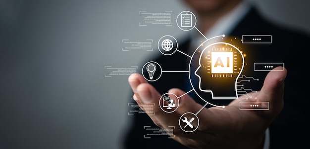AI Artificial Intelligence and conversational chatbots businesses digital technology interact with applications including customer service sales and marketing and big data virtual screen
