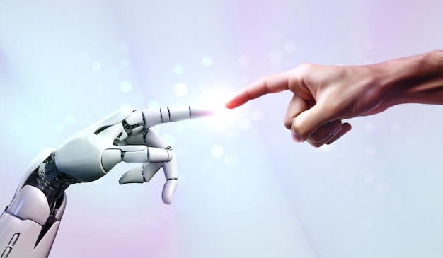 AI Artificial intelligence creation by humans robot and human hands are touching and connecting