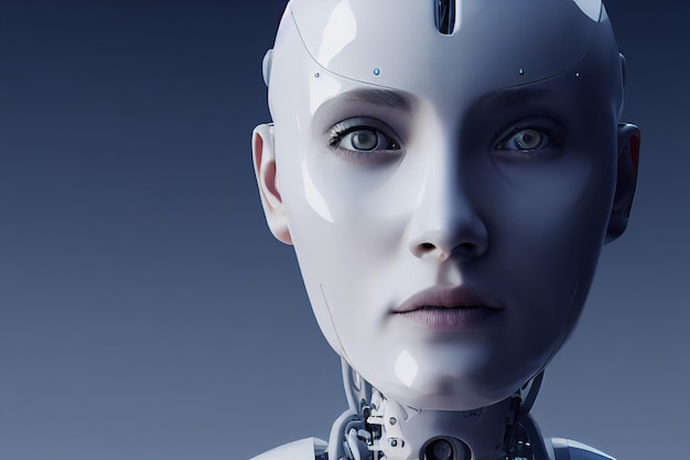 AI or artificial intelligence in the form of a robot, a humanoid face of a mechanical cyborg