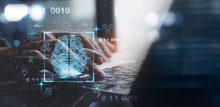 Photo ai artificial intelligence machine learning computer programmer using laptop with digital brain ai symbol and big data network connection deep learning data science technology business intelligence