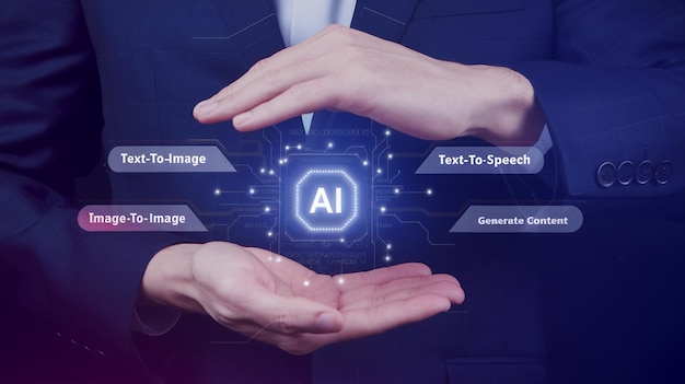 AI Artificial Intelligence Technology concept Businessman holding a glowing lightbulb with AI