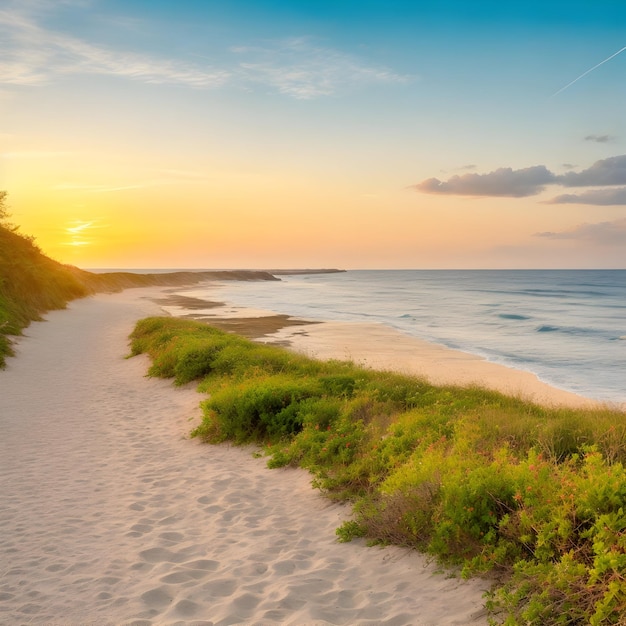 AI of the beautiful natural landscape with pathway alongside sea coast at the golden hour