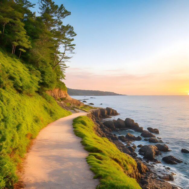 AI of the beautiful natural landscape with pathway alongside sea coast at the golden hour