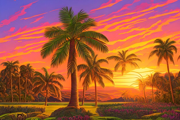 AI of the beautiful palms with sunset in the background