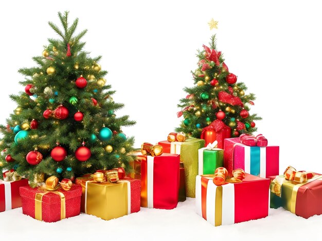 AI-beeld van kleurrijke verpakt geschenken onder een kerstboom met witte achtergrond