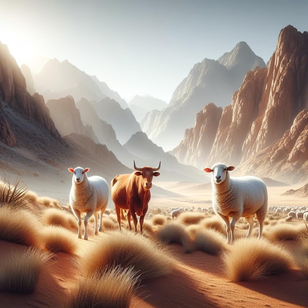 Ai beelden Eid al adha schapen koe en kameel lopen door de woestijn rots berg vallei in de