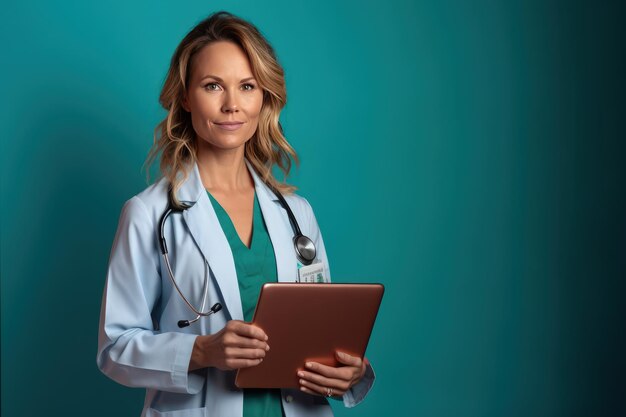 AI blond 33 years old doctor woman and tablet teal background