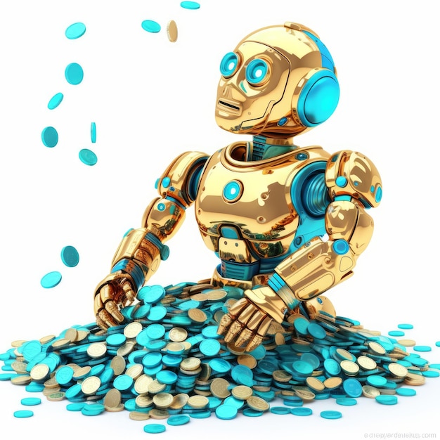 Ai bots taking all the coins on white background generative AI
