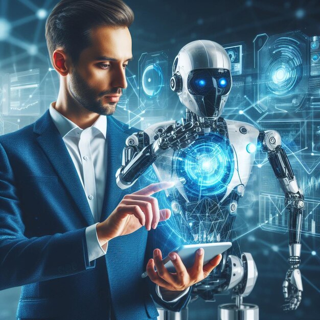 AI in businessman using AI smart robot technology for futuristic transformation