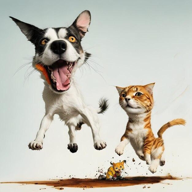 AI of cartoon images of the crazy character of dog and cat in the style of Ralph Steadman