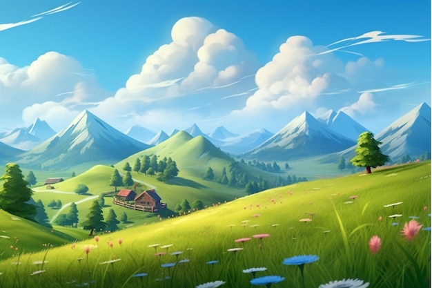 AI мультфильм горная трава красивые пейзажи