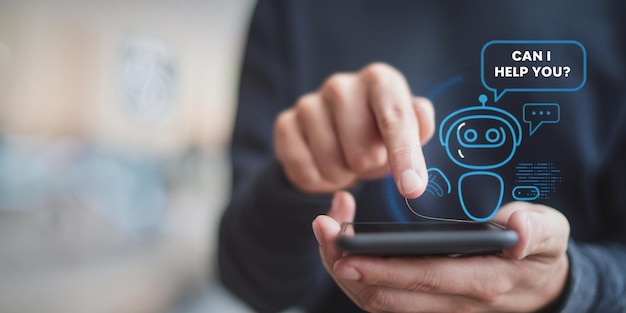 AI chat technology Businessman use smartphone with virtual screen of AI chatbot communicate