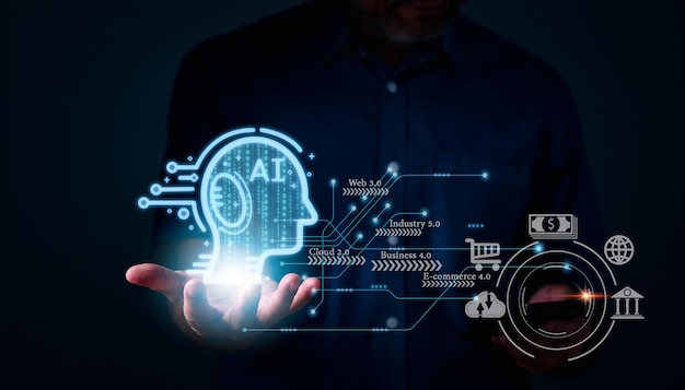 Ai chatBOT analyse bedrijf 40 industrie 50 naar wereldwijd cyber netwerk om te chatten gpt concept nieuwe technologie in de toekomst kan alle bedrijven ondersteunen om online in cyberspace Ai chatGPT is bot naar slim