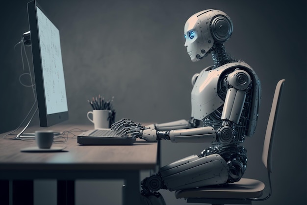 AI chatbot robot sitting at desk using computer.