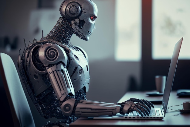 AI chatbot robot sitting at desk using computer.