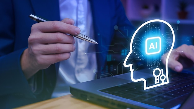 AI-chattechnologie zakenman gebruikt smartphone met virtueel scherm van AI-chatbot om te communiceren