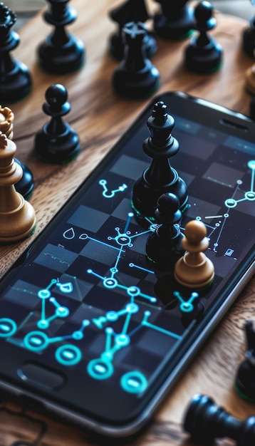 Photo ai chess analysis app displayed on smartphone amidst traditional chess pieces