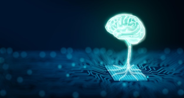 Ai chipset with human brain on computer circuit board. Artificial intelligence, Data mining, and Deep learning modern computer technology. Ai CPU concept. 3D Rendering.