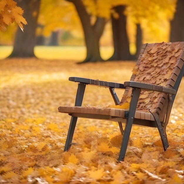 AI of the close shot of the wooden bench beside huge autumn tree with falling leaves