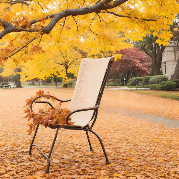 Ai of the close shot of the wooden bench beside huge autumn tree with falling leaves