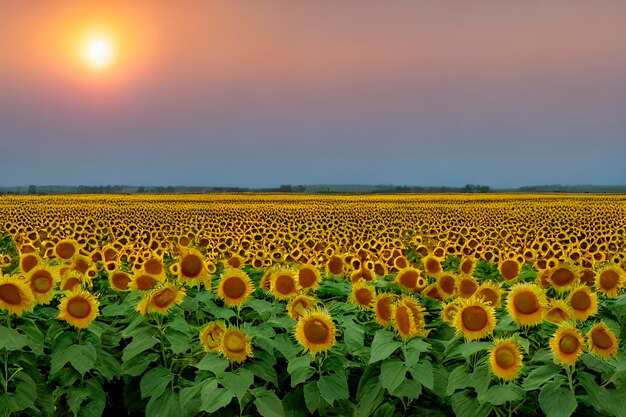 다채로운 풍경의 AI 태양꽃의  황금 시간 장면의 농장