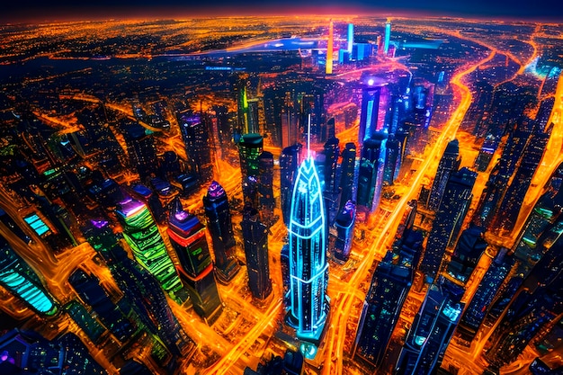 AI of the colorful night city skyscraper landscape illuminated environment light