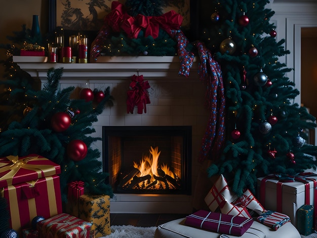 AI colorful wrapped presents beneath a Christmas Tree behind the fireplace