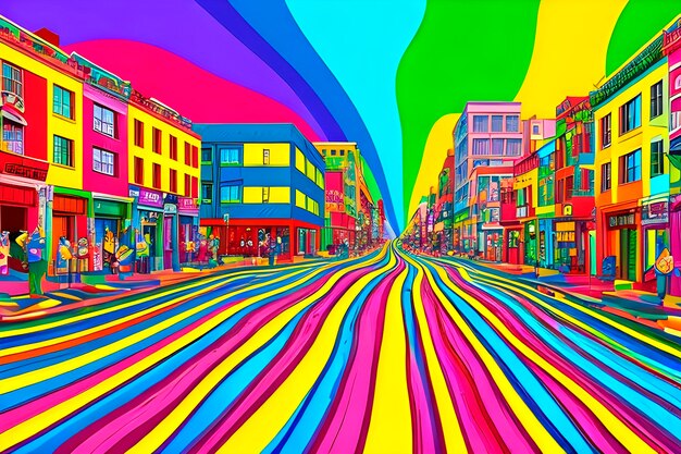 Ai of comical art image of a street of wavy swirling colorful jello and skittles everywhere