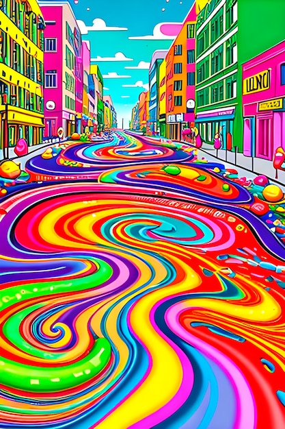 Ai of comical art image of a street of wavy swirling colorful jello and skittles everywhere