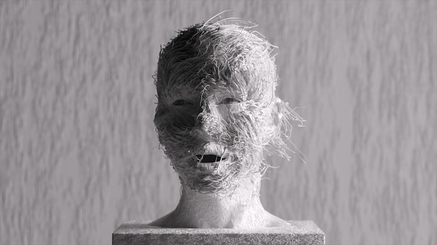 AI concept The white bust comes to life and turns its head blinks and opens its mouth white tangled threads move