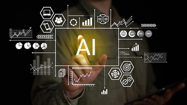 仮想ダッシュボードに触れる若者 AIコンセプト 自動化コンセプト 機械学習 ビッグデータ