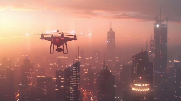 AI Content Generation Smart city optimization with AI drone collecting traffic data at dusk