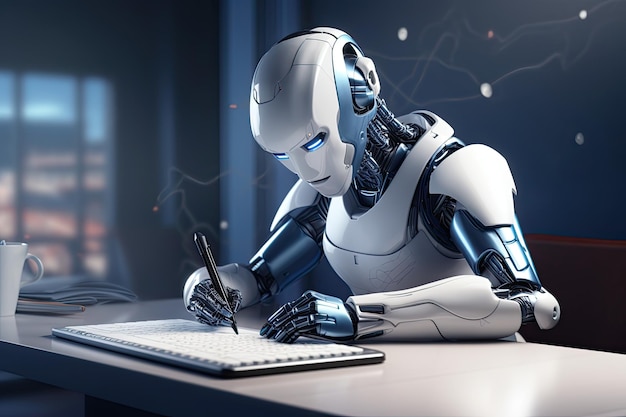 Premium AI Image | AI Copy writing bot holding pencil in office