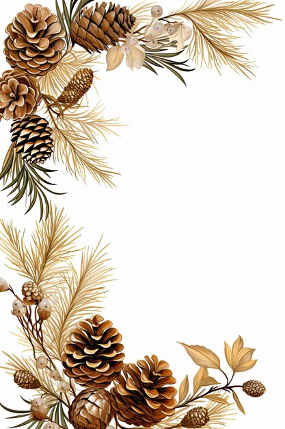 AI crafts a delicate realism masterpiece with a graphic gold line art pinecones sign banner frame The realistic watercolor style adorned with golden accents evokes elegance on a light background