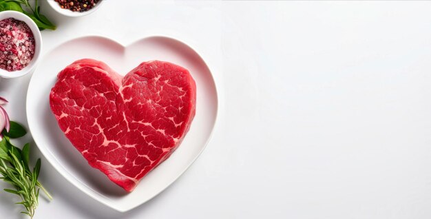 Photo an ai created heartshaped raw steak on a heartshaped white plate with ample copy space