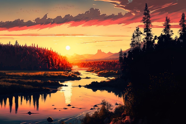 AI creates a picture of a river vista at sunset