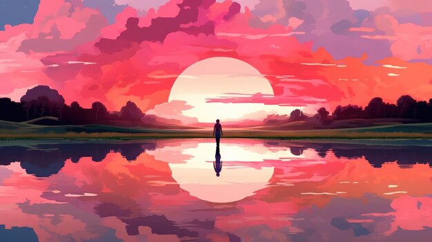AI creates tranquil pond sunset reflection for a person standing Illustration Generative AI