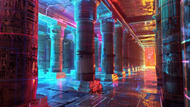 Foto ai nel patrimonio culturale che conserva e interpreta manufatti storici evidenziati con scansioni al neon