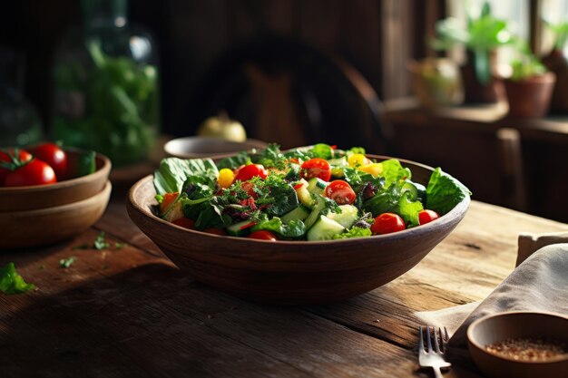 AI Curated Captivating Image of a Fresh Organic Salad on a Rustic Wooden Table
