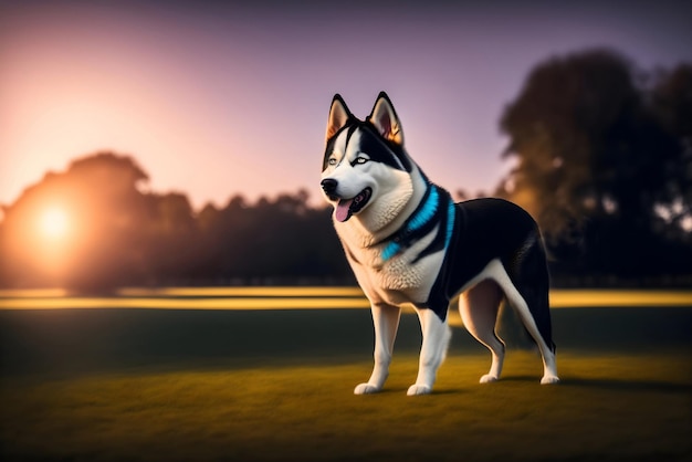 Photo ai of the cute happy domestic dog loitering at the park during golden hour