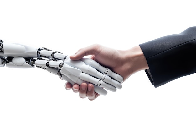 白い背景で隔離のビジネスマンと握手する AI サイボーグ ロボット
