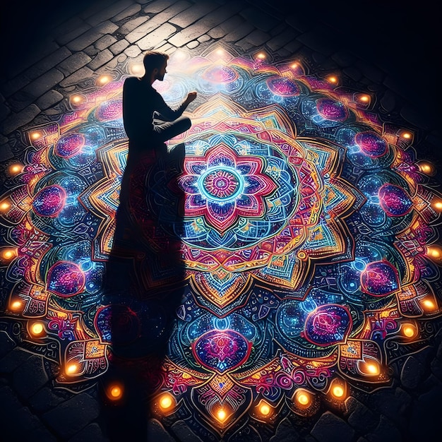 AI of of a dark shadowy of someone designs a magical colorful mandala glowing on the ground